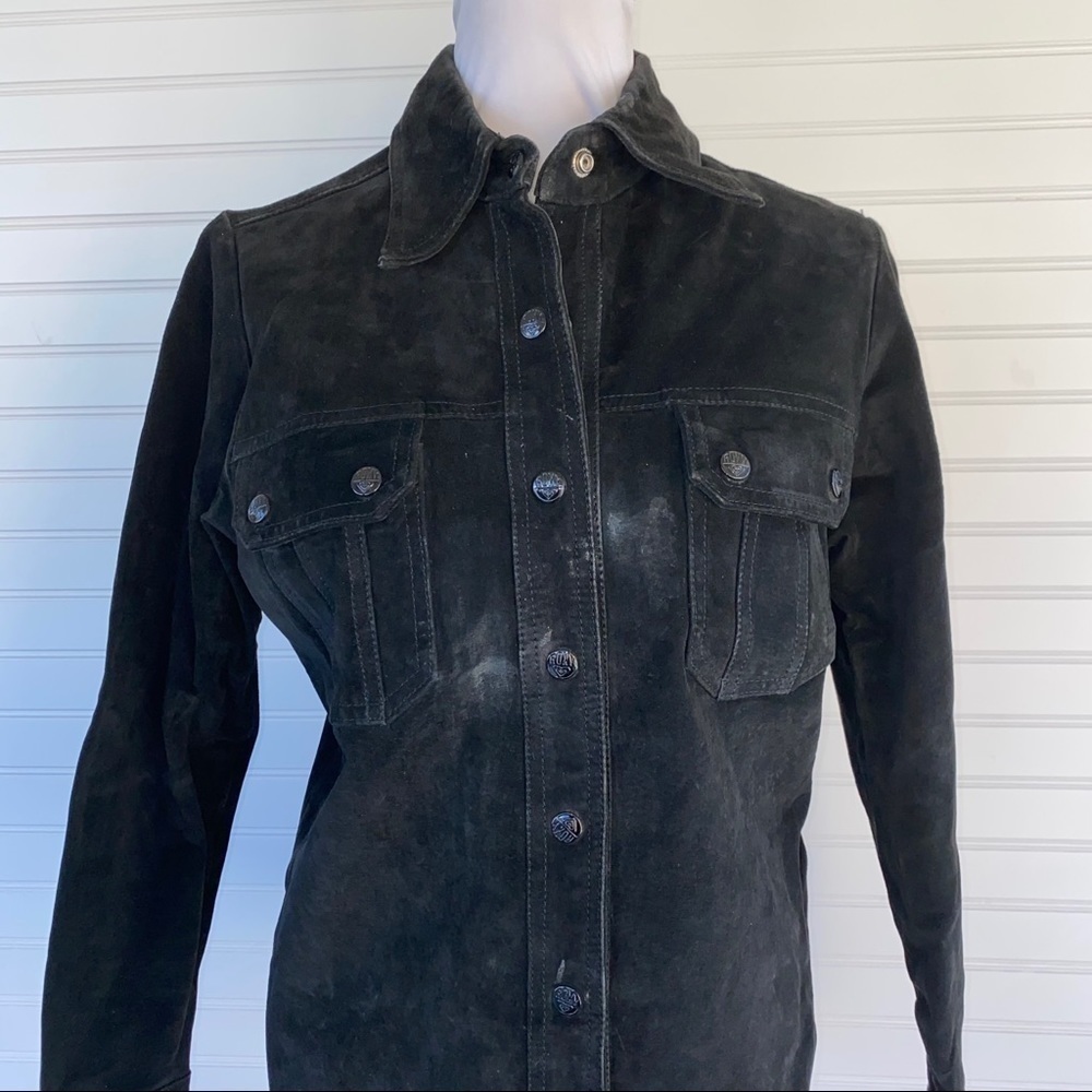 Roxy Jacket Small Black Suede Leather Button Down Trucker Shacket Vintage Y2K